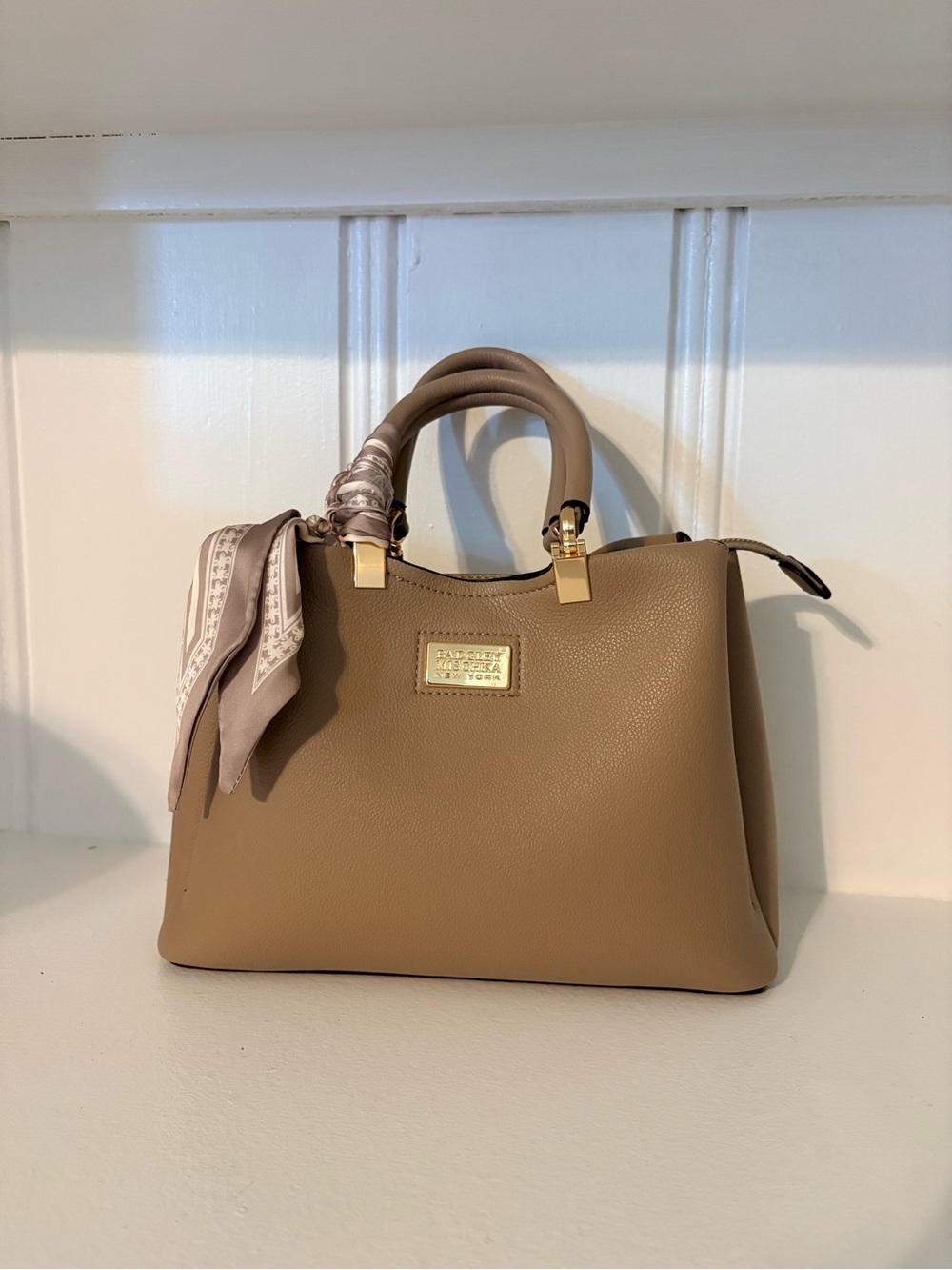 Structured Taupe Satchel Handbag with Scarf Accent by